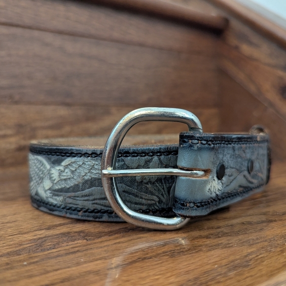 Brushy Creek Embossed Distressed Gray Leather Eagle Belt Sz 32 - Picture 13 of 13
